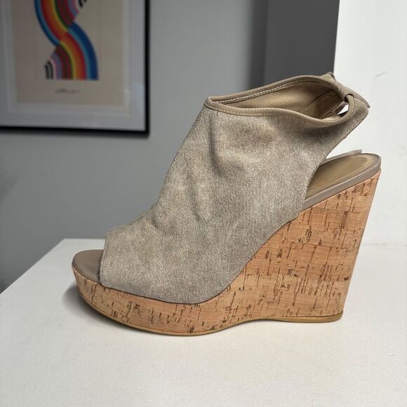 Stuart Weitzman Cork Wedge Platform Sandals with Gray/Tan Cloth Upper Size 9 - Picture 5 of 12